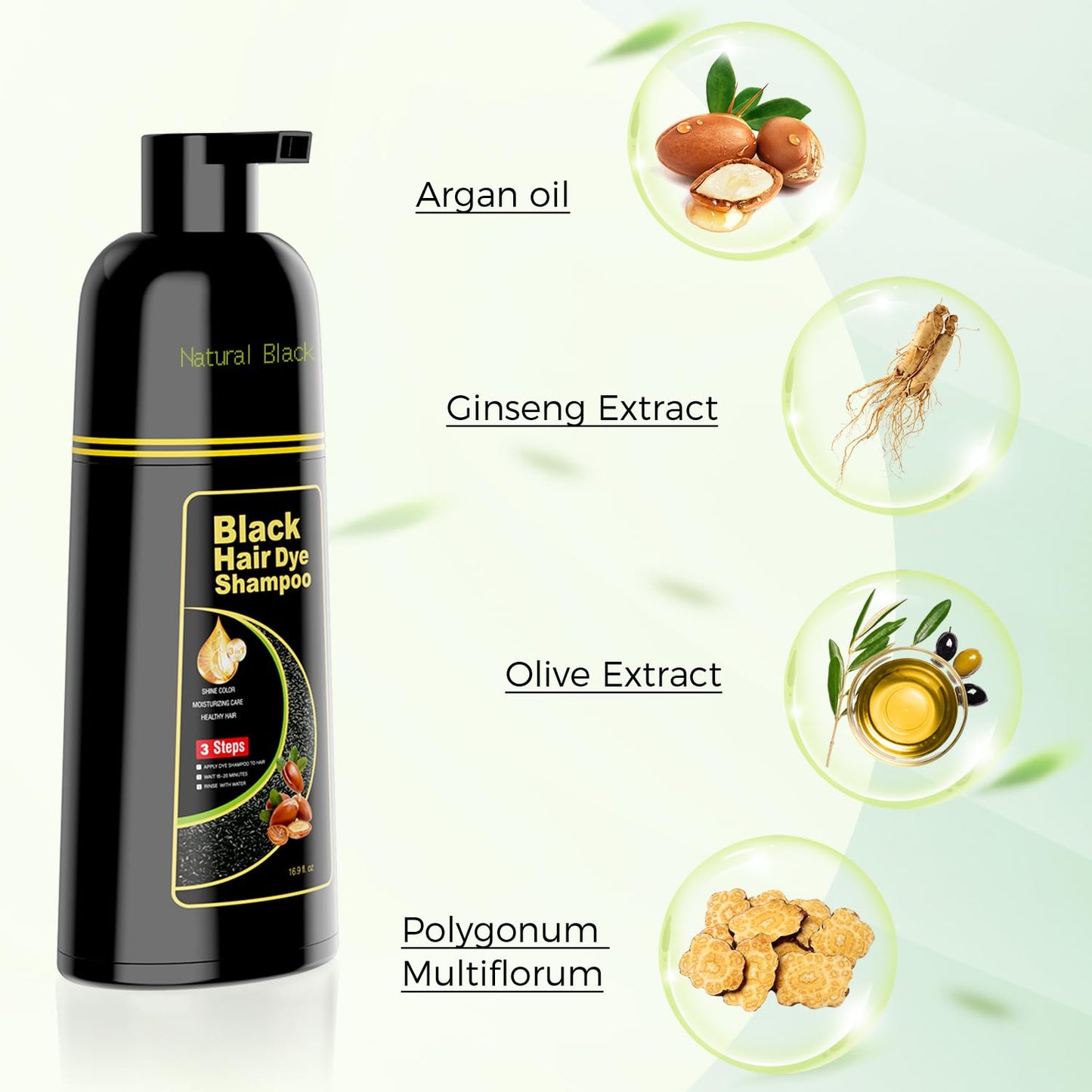 Black Hair Dye Shampoo 3 in 1,Argan Natural Herbal Hair Color Shampoo Covers Gray Hair for Women and Men (16.9 Fl.Oz Black)