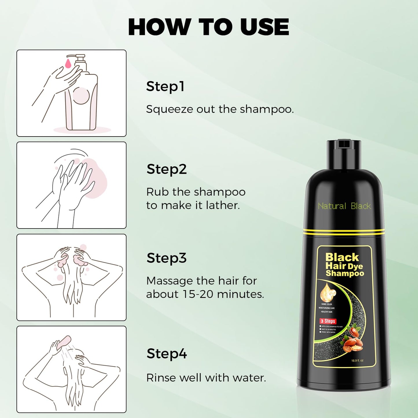Black Hair Dye Shampoo 3 in 1,Argan Natural Herbal Hair Color Shampoo Covers Gray Hair for Women and Men (16.9 Fl.Oz Black)