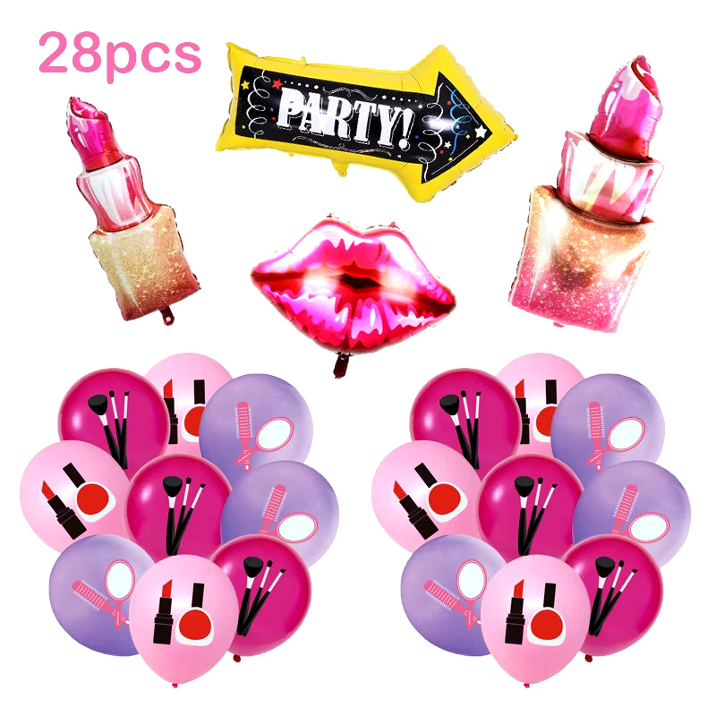 1Set Girl Lipstick Balloons Makeup Lipstick Eye Shadow Latex Ballons Birthday Banner Cake Topper Party Decorations Supplies