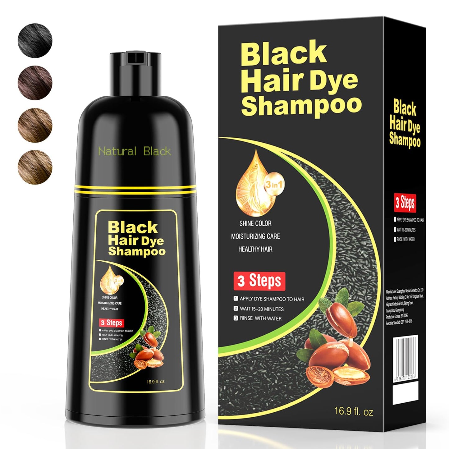 Black Hair Dye Shampoo 3 in 1,Argan Natural Herbal Hair Color Shampoo Covers Gray Hair for Women and Men (16.9 Fl.Oz Black)