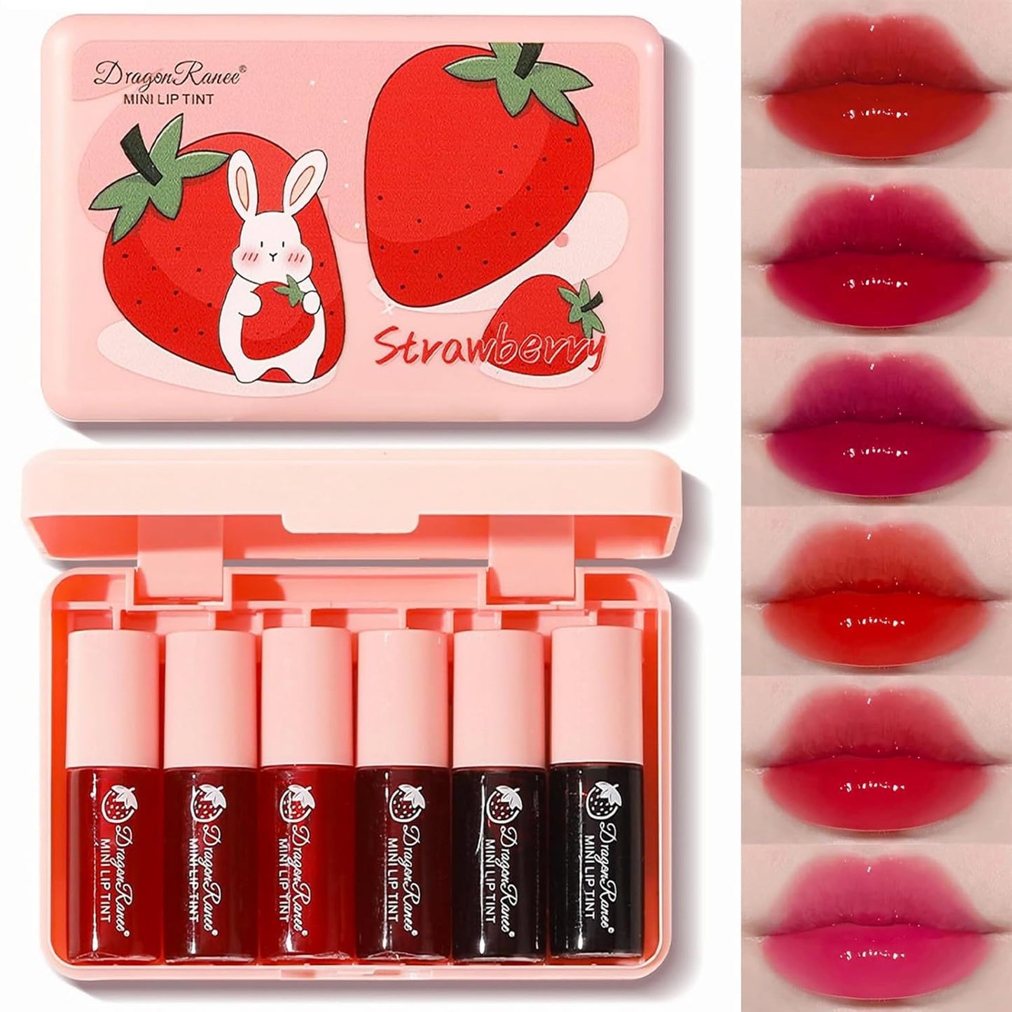 6 Colors Lip Tint Stain Mini Liquid Lipstick,Strawberry Lip Tint Moisturizing Natural Lip Gloss,Multi-Use Lip and Cheek Tint,Non-Stick Cup,Lightweight,Vivid Color Lip Makeup