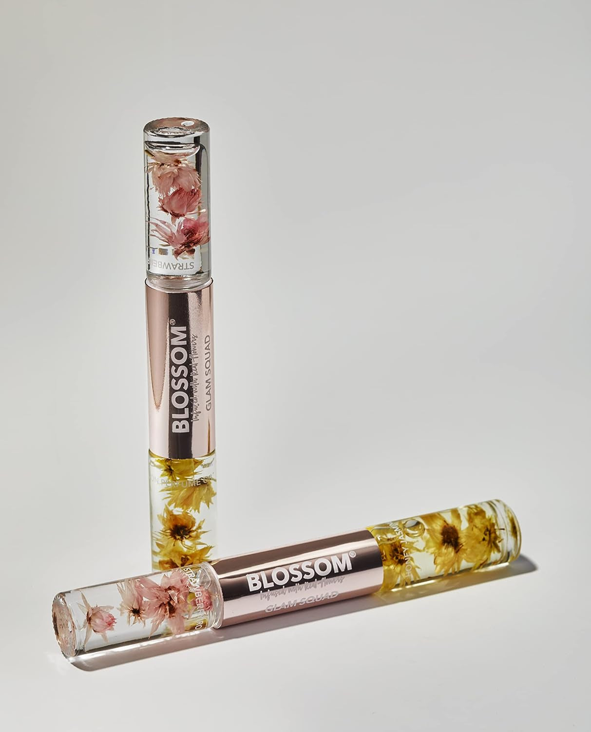 Glam Squad - Moisturizing Roll on Lip Gloss (0.1 Fl. Oz/6G) + Roll on Perfume Oil (0.1 Fl. Oz/6G), Infused with Real Flowers, Made in USA, 0.2 Fl. Oz./12G, Strawberry/Honey Jasmine