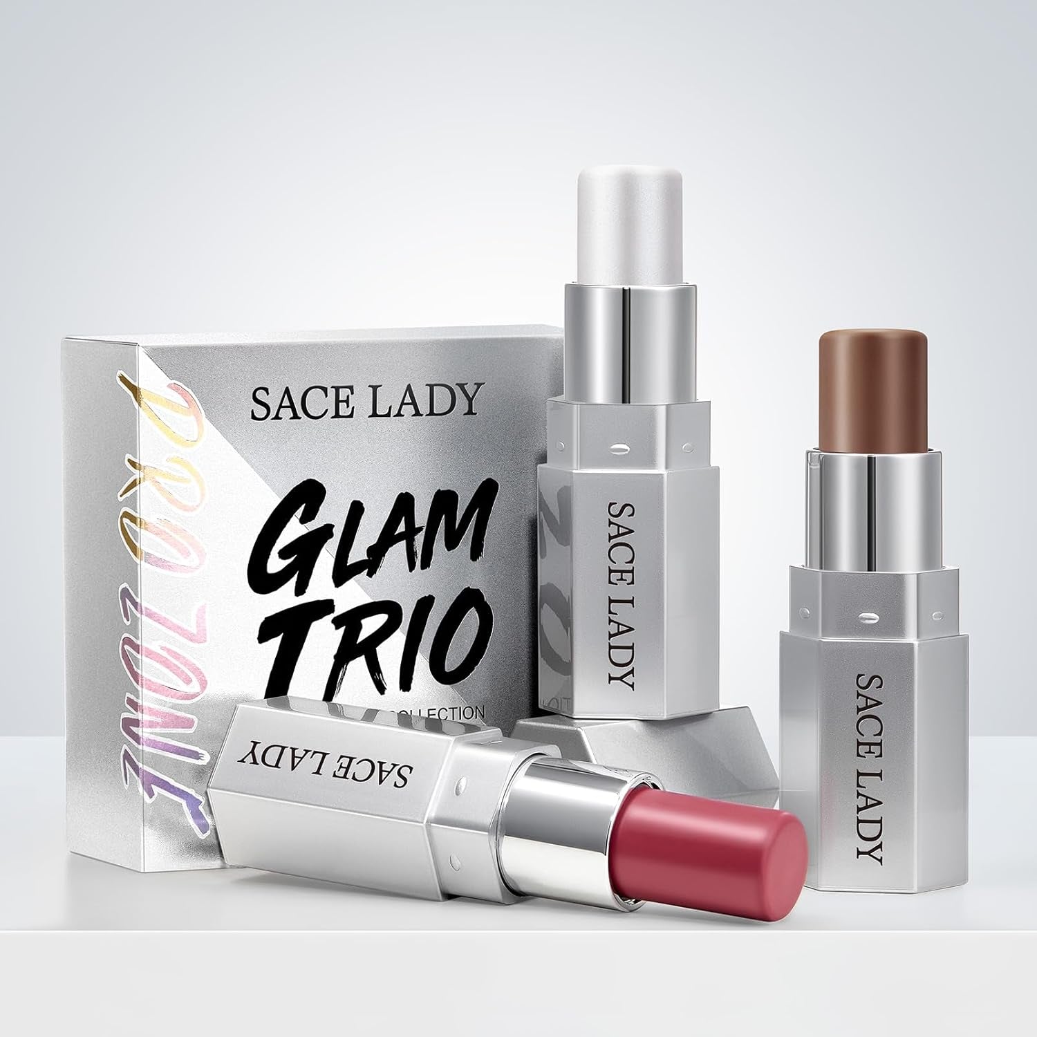 Face Sticks Trio, Cream Contour, Highlighter & Blush Makeup Sticks for Face, Easy to Blend & Long Lasting Natural Make up for Cheek Eyes Lips (Twilight Shimmer, 3Pcs)