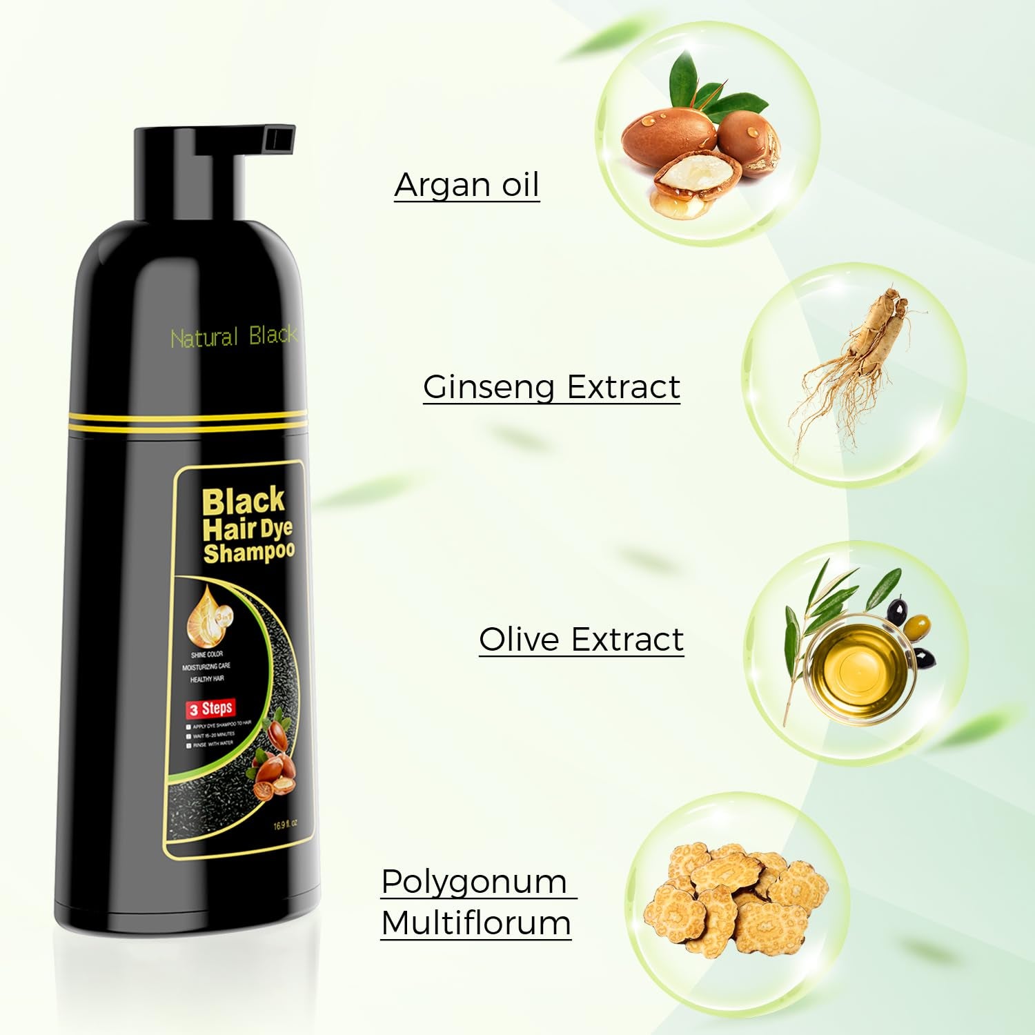 Black Hair Dye Shampoo 3 in 1，Argan Natural Herbal Hair Color Shampoo Covers Gray Hair for Women and Men (16.9 Fl.Oz Black)