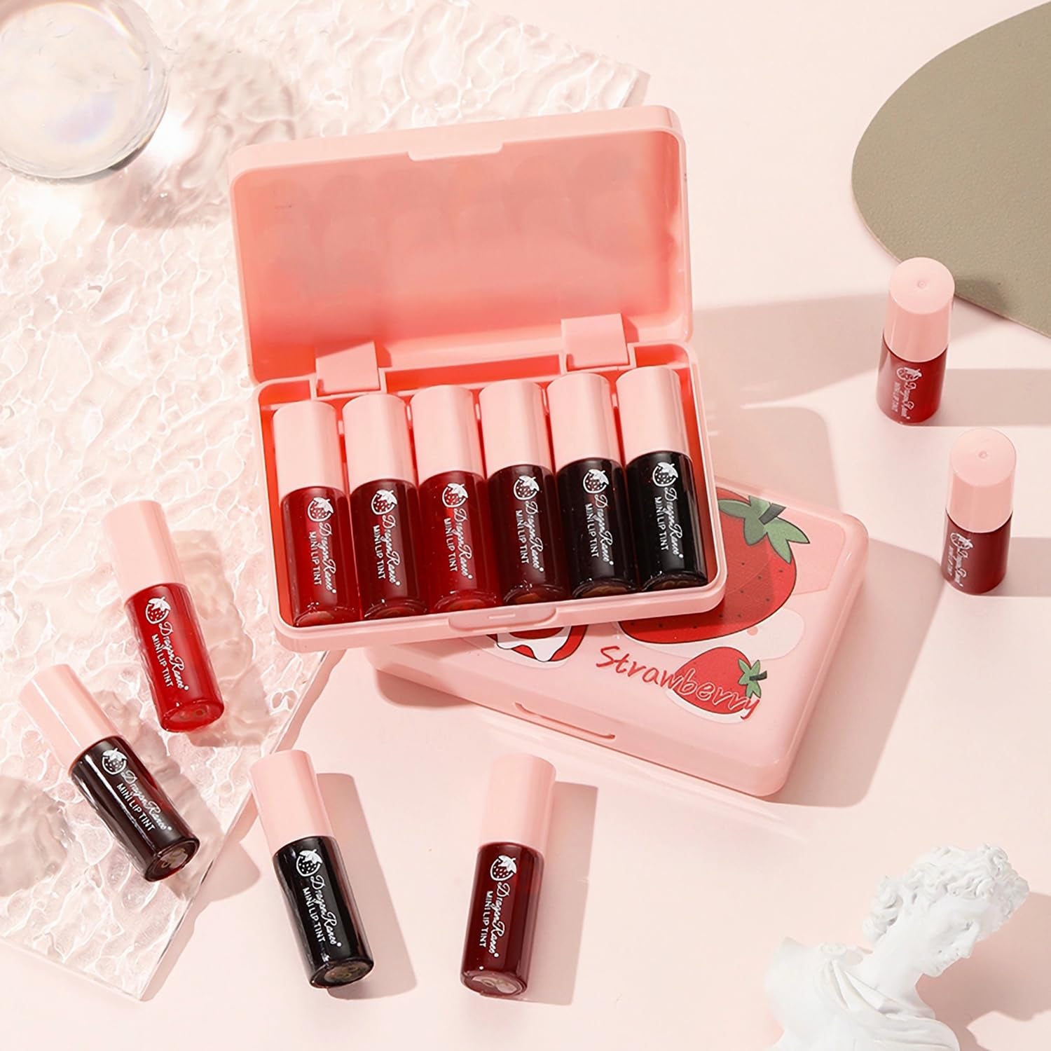 6 Colors Lip Tint Stain Mini Liquid Lipstick,Strawberry Lip Tint Moisturizing Natural Lip Gloss,Multi-Use Lip and Cheek Tint,Non-Stick Cup,Lightweight,Vivid Color Lip Makeup