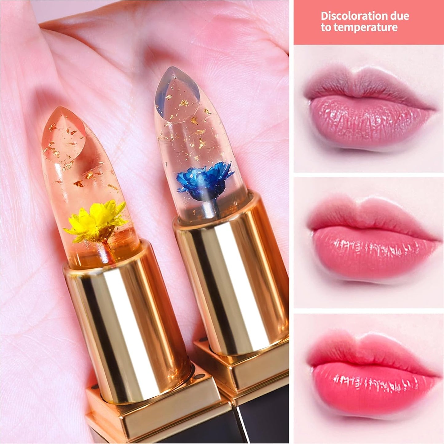 Color Changing Flower Lipstick, Jelly Temperature Change Clear Lipstick with Flower Inside, Hydrating Moistrurizer Lip Balm Long Lasting Chapstick Nourishing Lip Gloss for Dry Lips (Blue)