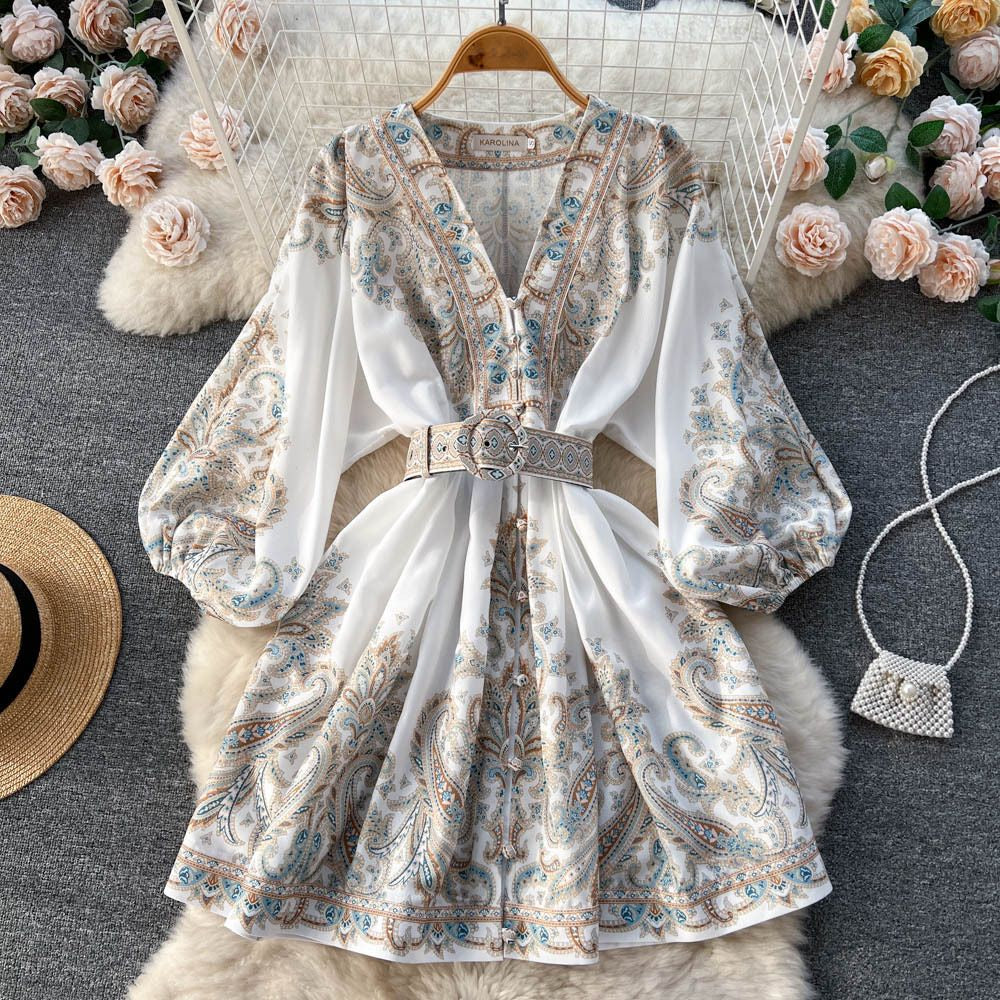 Casual Dresses Women Bohemian Dress 2023 Spring Summer Print Long Lantern Sleeve V Neck Corset Slim Button Pleated Vacation