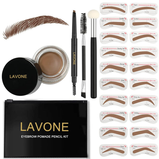 Eyebrow Stamp Stencil Kit, Brow Stamp Trio Kit with Waterproof Eyebrow Pencil, Pomade, 20 Eyebrow Stencils, Dual-Ended Eyebrow Brush and Sponge Applicator - Soft Brown