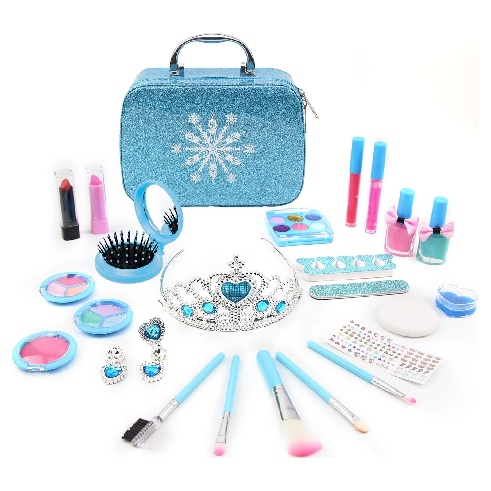 Kids Makeup Set Toys - 25-Piece Washable Princess Makeup Set with Blue Handbag and Accessories for Role Playing Ages 3-8+ Years