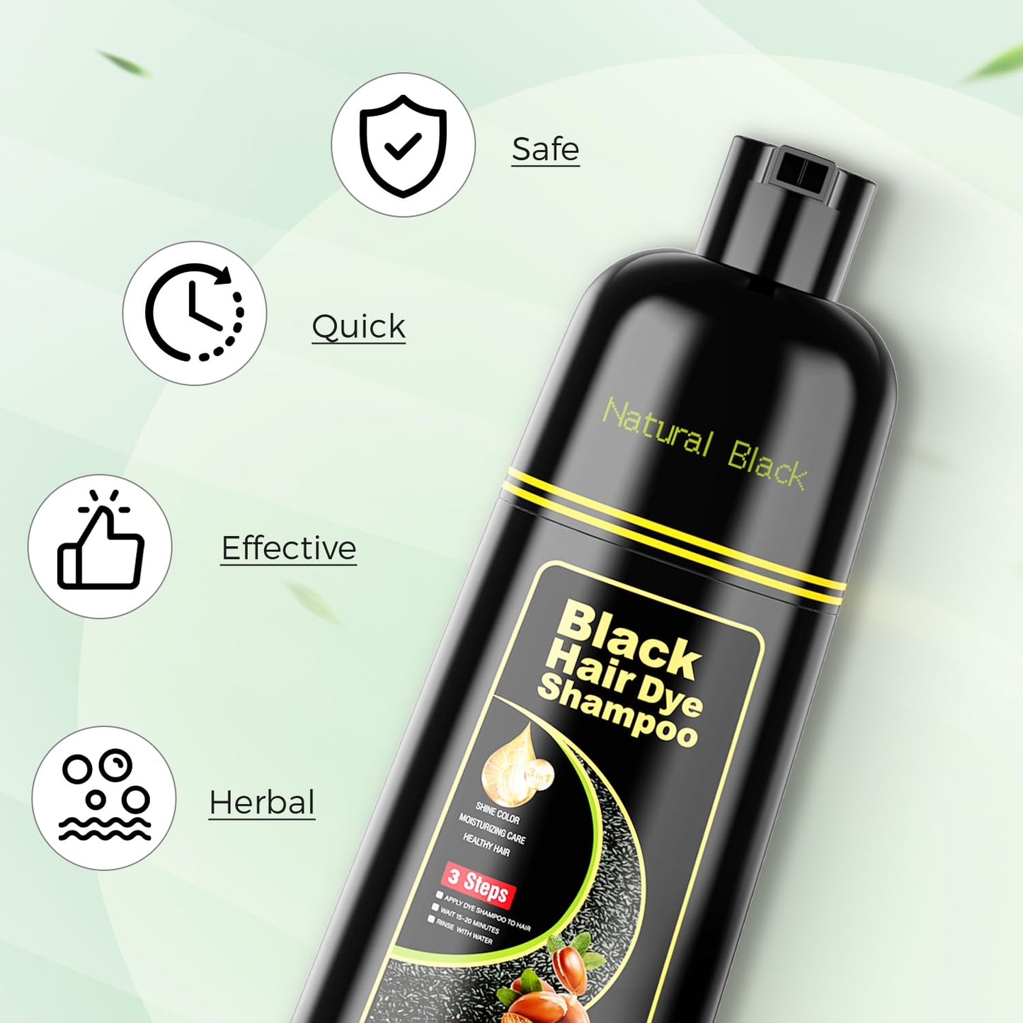 Black Hair Dye Shampoo 3 in 1，Argan Natural Herbal Hair Color Shampoo Covers Gray Hair for Women and Men (16.9 Fl.Oz Black)