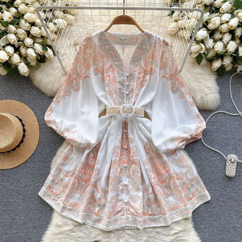 Casual Dresses Women Bohemian Dress 2023 Spring Summer Print Long Lantern Sleeve V Neck Corset Slim Button Pleated Vacation