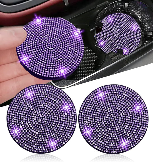 2Pcs Bling Car Cup Holder Coaster, 2.75 Inch Anti-Slip Shockproof Universal Fashion Vehicle Car Coasters Insert Bling Rhinestone Auto Automotive Interior Accessories for Women (2 Pcs, Purple Violet)