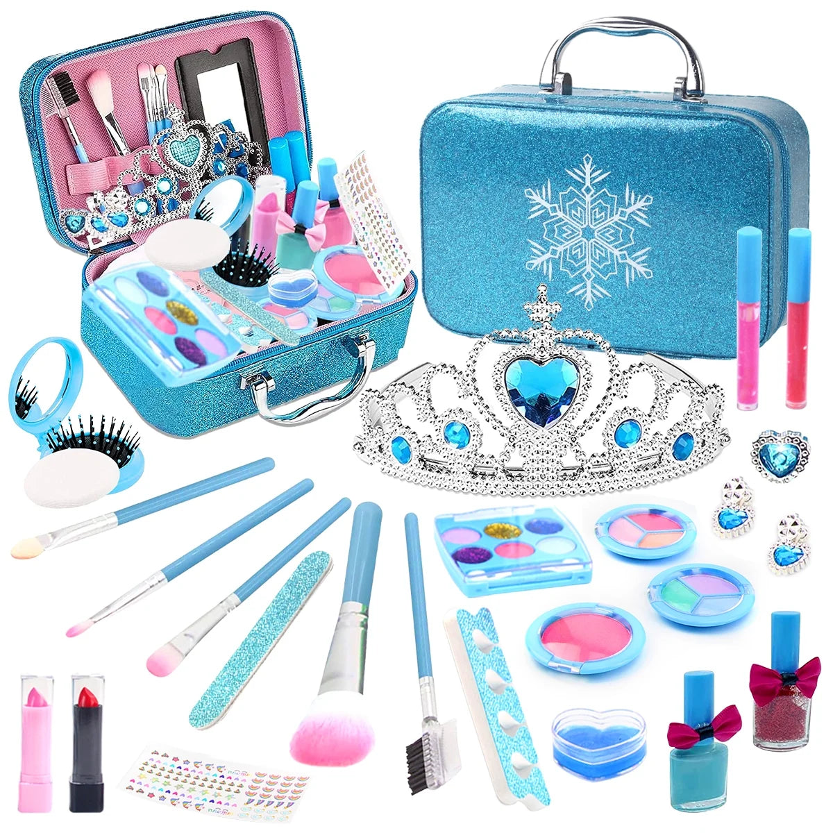 Kids Makeup Set Toys - 25-Piece Washable Princess Makeup Set with Blue Handbag and Accessories for Role Playing Ages 3-8+ Years