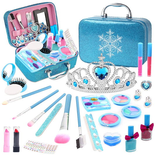 Kids Makeup Set Toys - 25-Piece Washable Princess Makeup Set with Blue Handbag and Accessories for Role Playing Ages 3-8+ Years