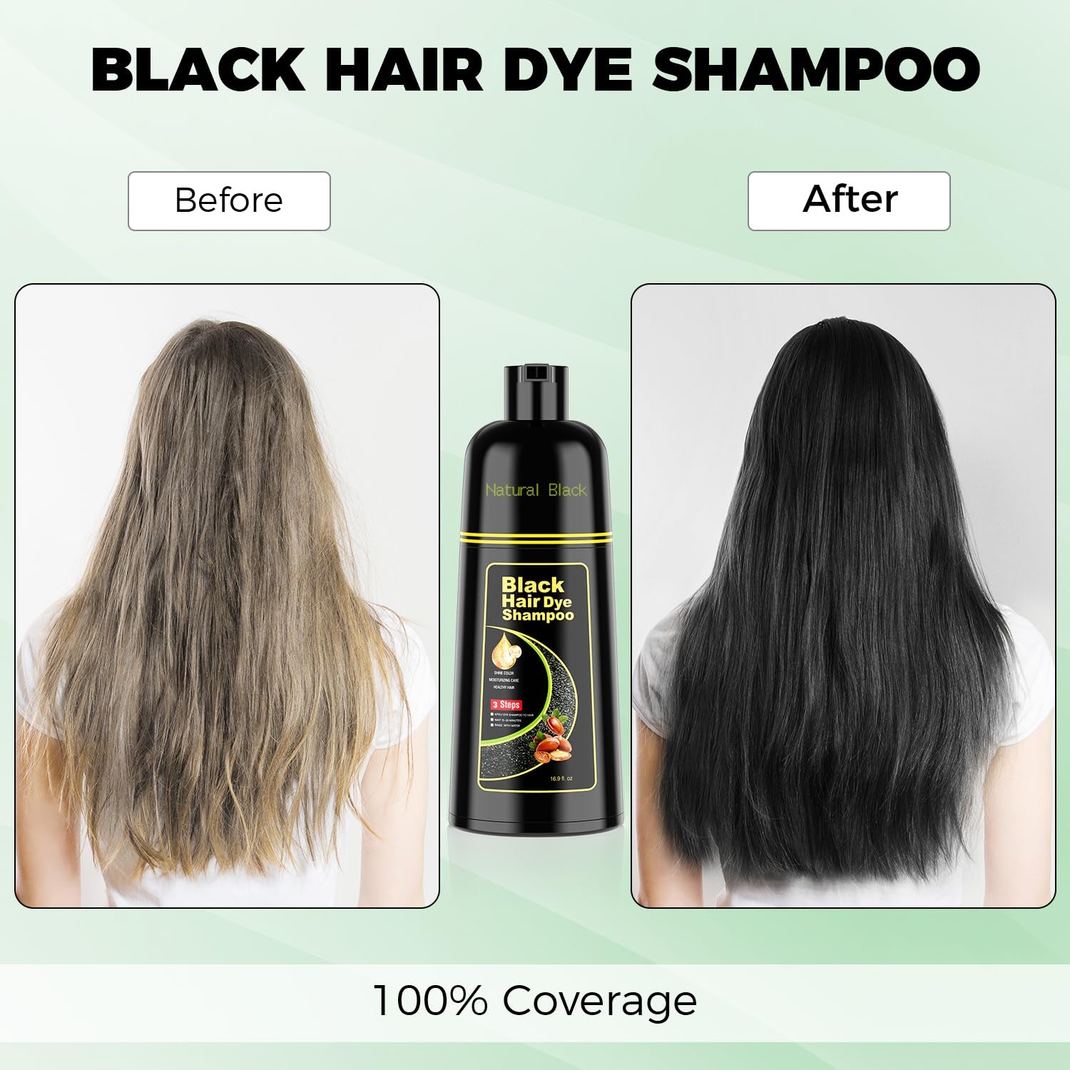 Black Hair Dye Shampoo 3 in 1，Argan Natural Herbal Hair Color Shampoo Covers Gray Hair for Women and Men (16.9 Fl.Oz Black)