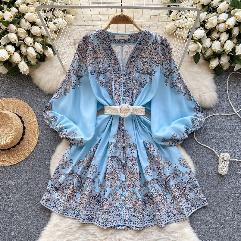 Casual Dresses Women Bohemian Dress 2023 Spring Summer Print Long Lantern Sleeve V Neck Corset Slim Button Pleated Vacation