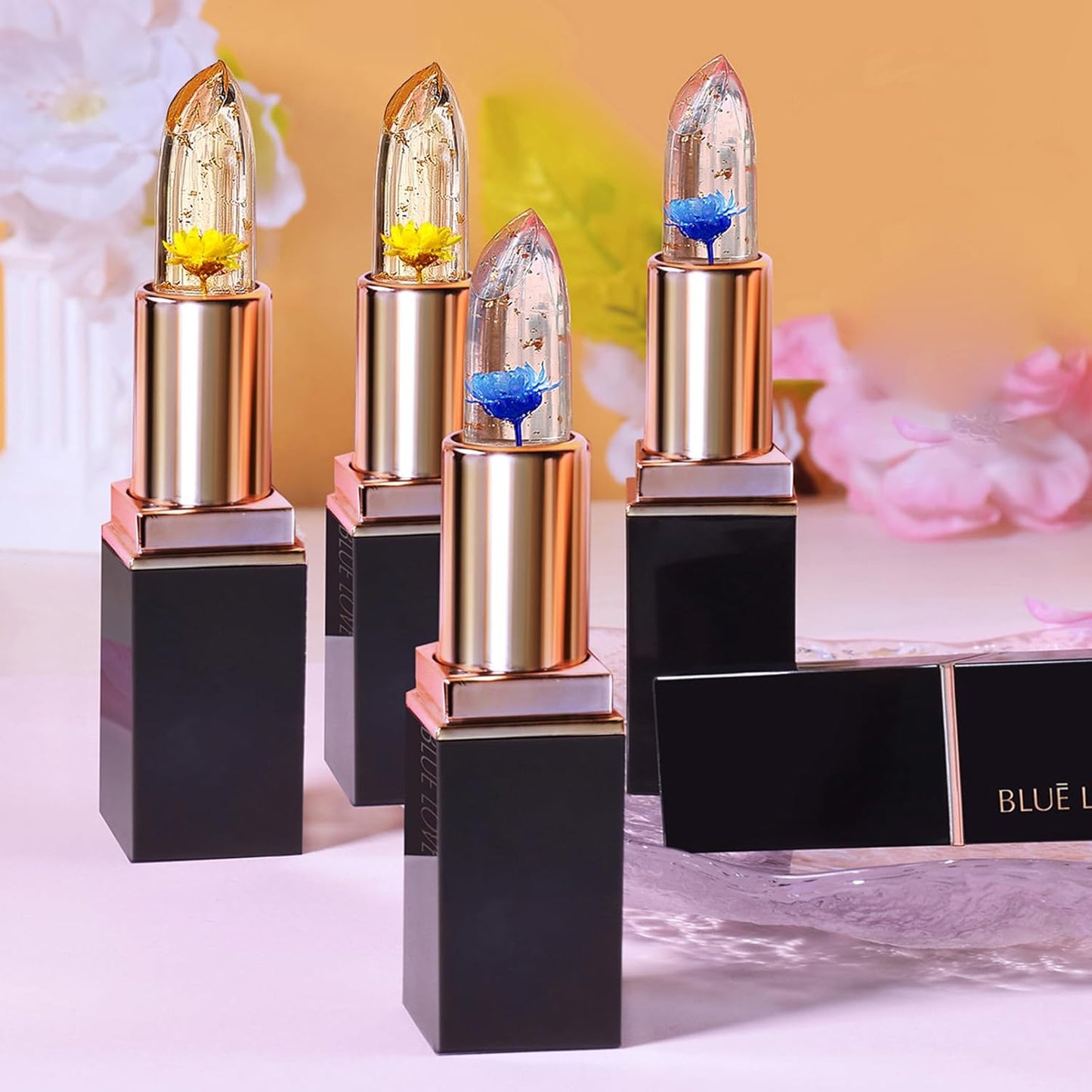 Color Changing Flower Lipstick, Jelly Temperature Change Clear Lipstick with Flower Inside, Hydrating Moistrurizer Lip Balm Long Lasting Chapstick Nourishing Lip Gloss for Dry Lips (Blue)