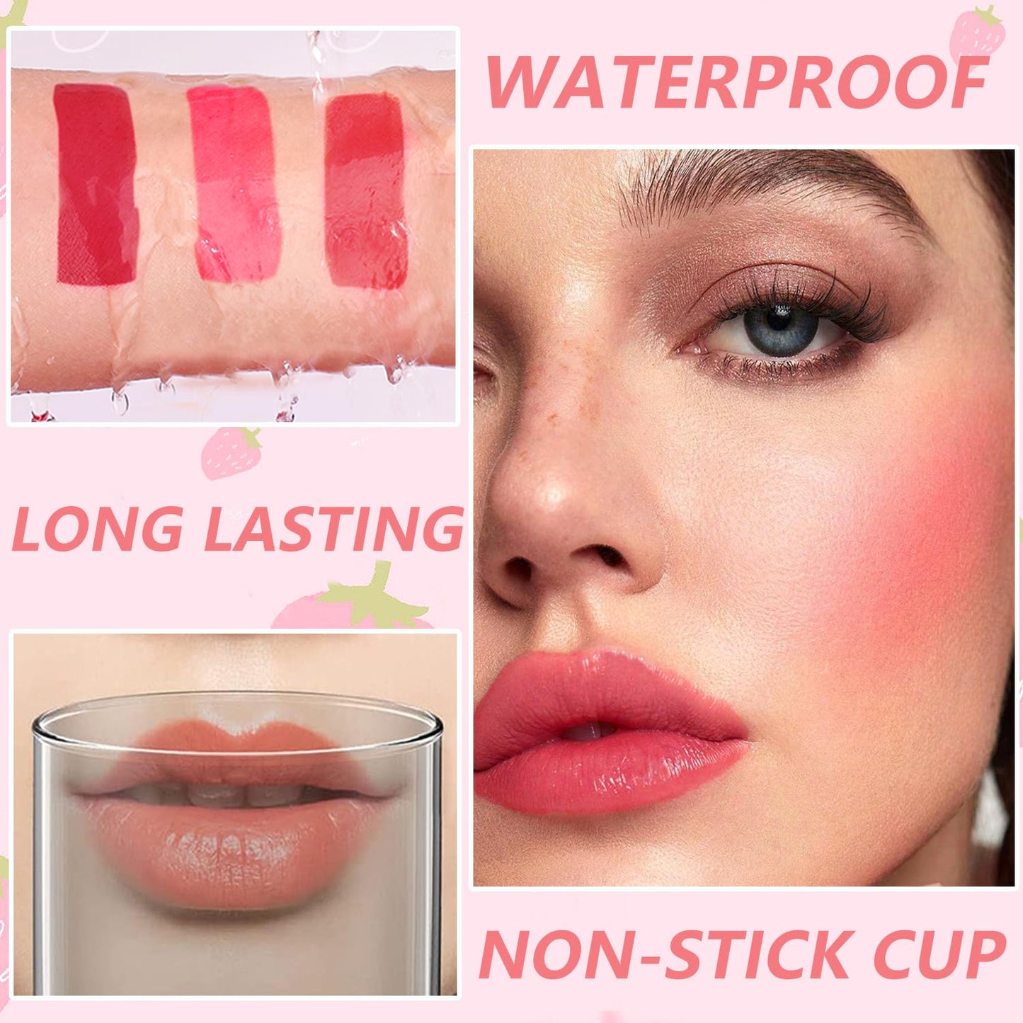 6 Colors Lip Tint Stain Mini Liquid Lipstick,Strawberry Lip Tint Moisturizing Natural Lip Gloss,Multi-Use Lip and Cheek Tint,Non-Stick Cup,Lightweight,Vivid Color Lip Makeup