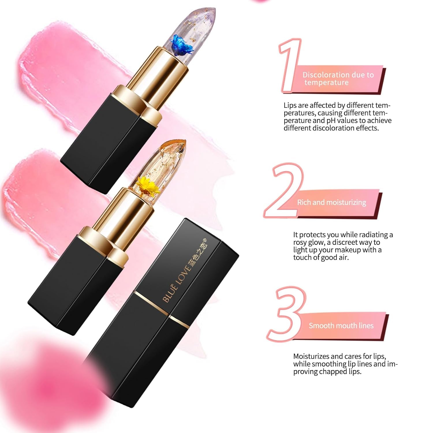 Color Changing Flower Lipstick, Jelly Temperature Change Clear Lipstick with Flower Inside, Hydrating Moistrurizer Lip Balm Long Lasting Chapstick Nourishing Lip Gloss for Dry Lips (Blue)