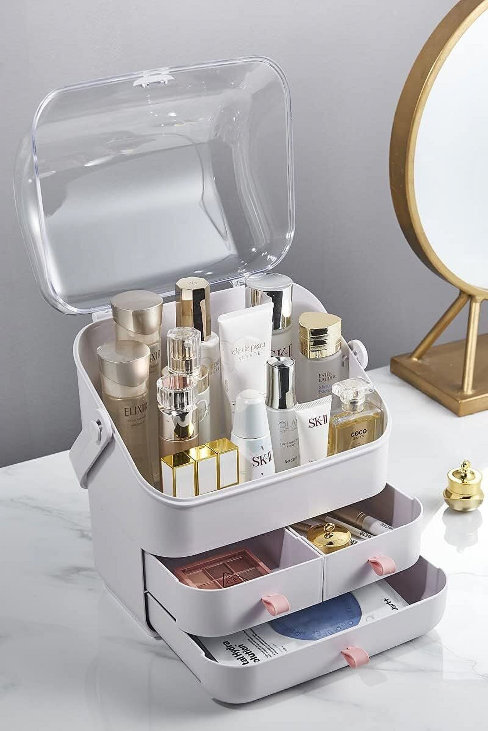 Makeup Organizer, Waterproof&Dustproof Cosmetic Organizer Box with Lid Fully Open Makeup Display Boxes, Great for Bathroom Countertop Bedroom Dresser,White