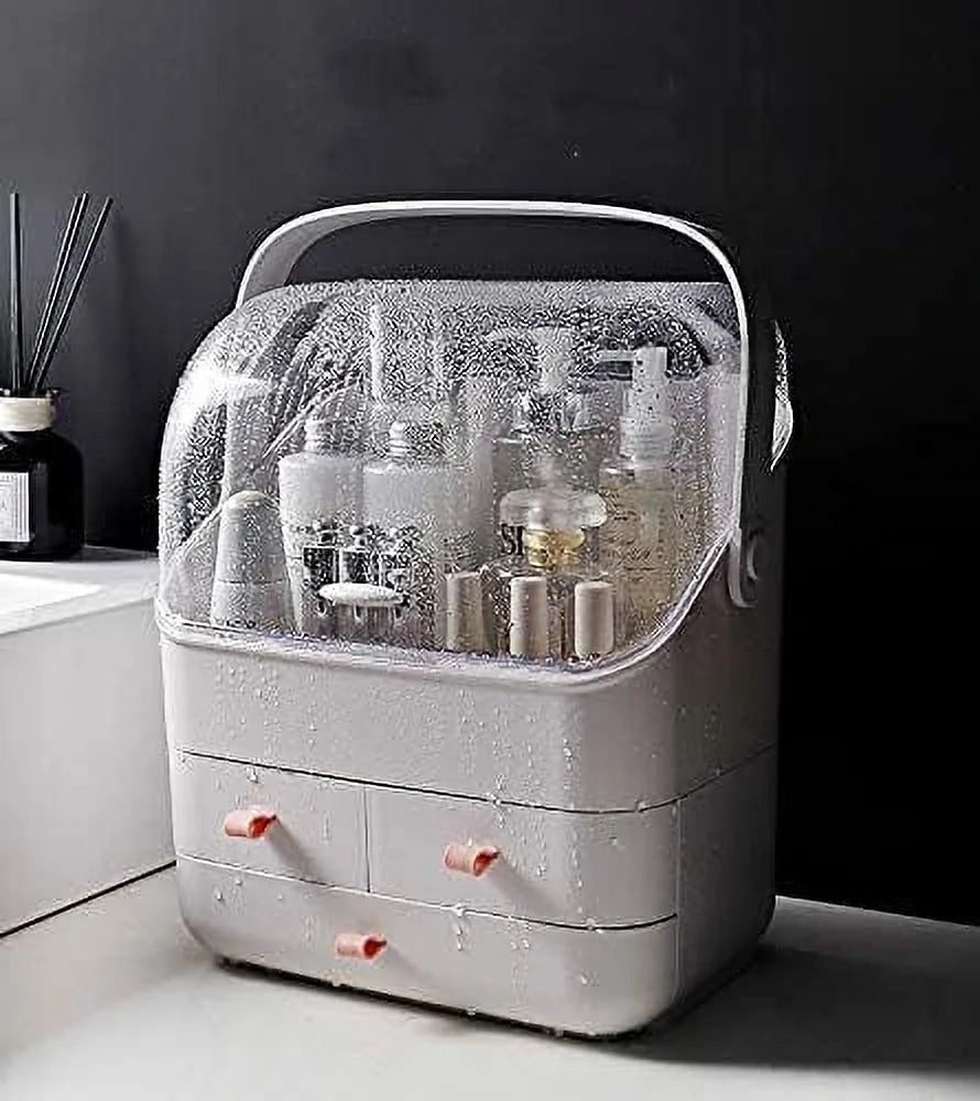 Makeup Organizer, Waterproof&Dustproof Cosmetic Organizer Box with Lid Fully Open Makeup Display Boxes, Great for Bathroom Countertop Bedroom Dresser,White