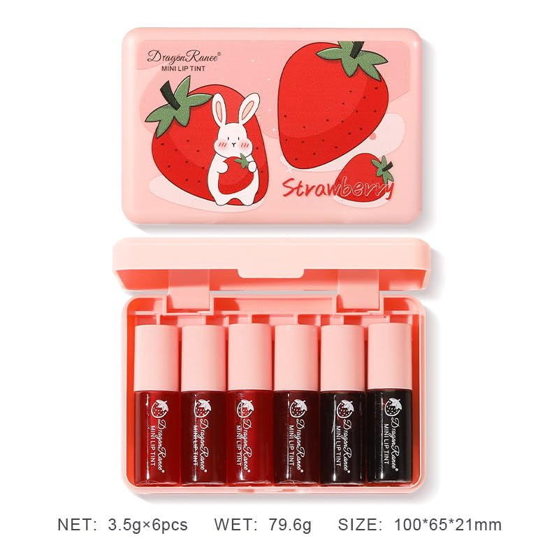 6 Colors Lip Tint Stain Mini Liquid Lipstick,Strawberry Lip Tint Moisturizing Natural Lip Gloss,Multi-Use Lip and Cheek Tint,Non-Stick Cup,Lightweight,Vivid Color Lip Makeup