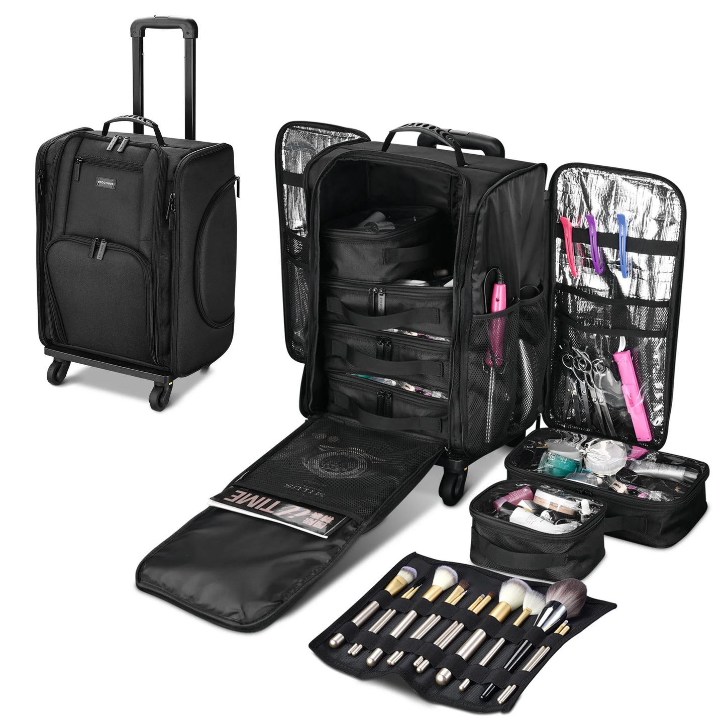 Rolling Makeup Case W/ 6 Removable Toiletry Bags Train Travel Cosmetic Artist Organizer Black