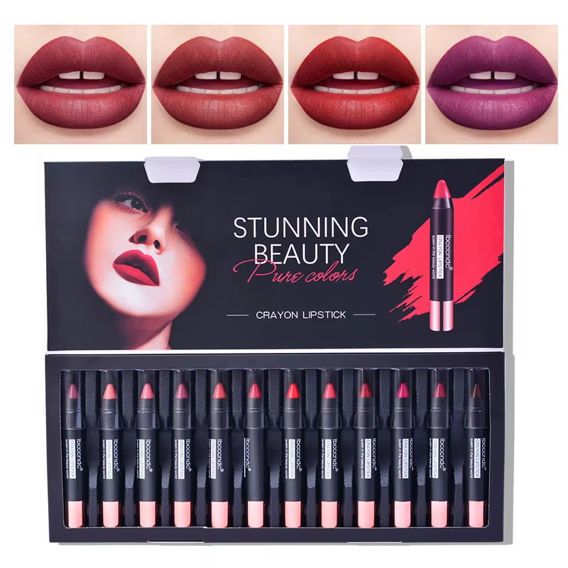 12Colors/Set Crayon Matte Lipstick Waterproof Long-Lasting Professional Lipstick Set Nude Lips Makeup Matt Cosmetic