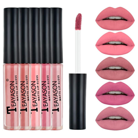 Rose Mist Liquid Lipstick Set 5 Colors Nude Matte Waterproof Highly Pigmented Non-Stick Cup Lip Makeup for Wedding Office