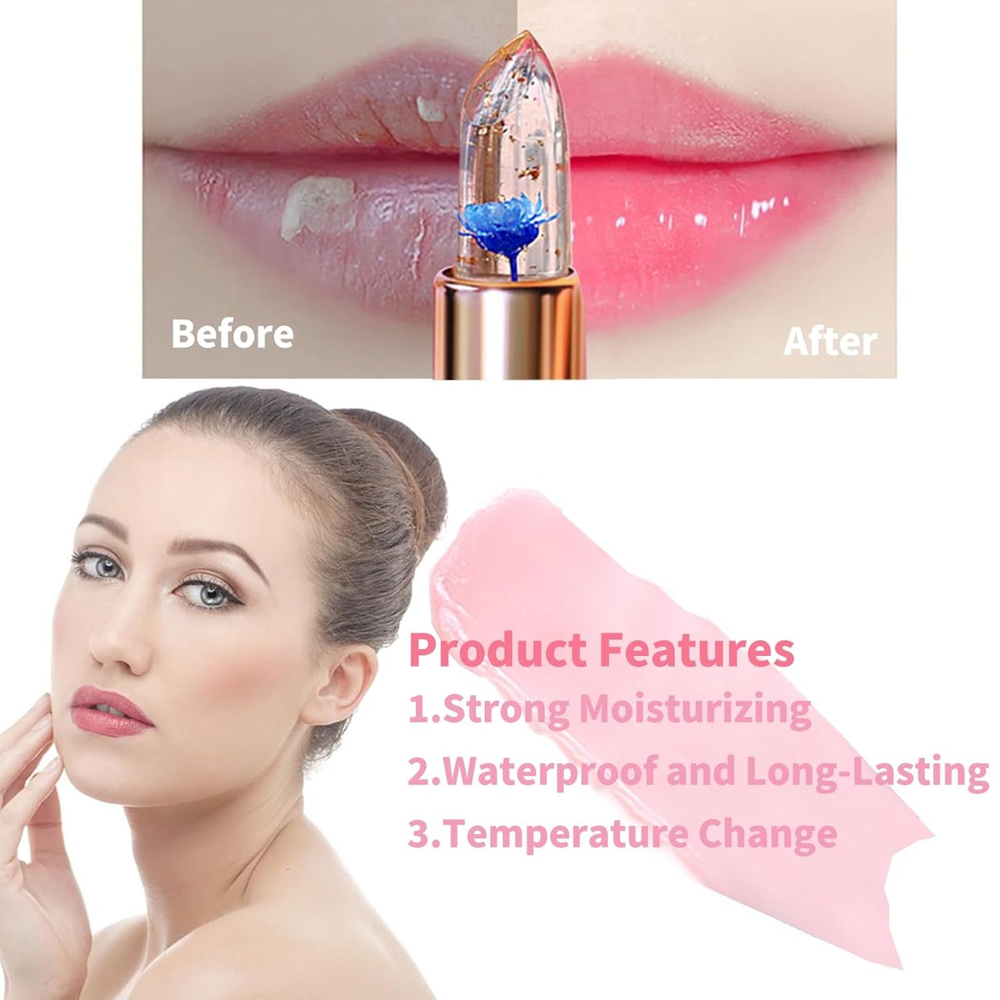 Color Changing Flower Lipstick, Jelly Temperature Change Clear Lipstick with Flower Inside, Hydrating Moistrurizer Lip Balm Long Lasting Chapstick Nourishing Lip Gloss for Dry Lips (Blue)