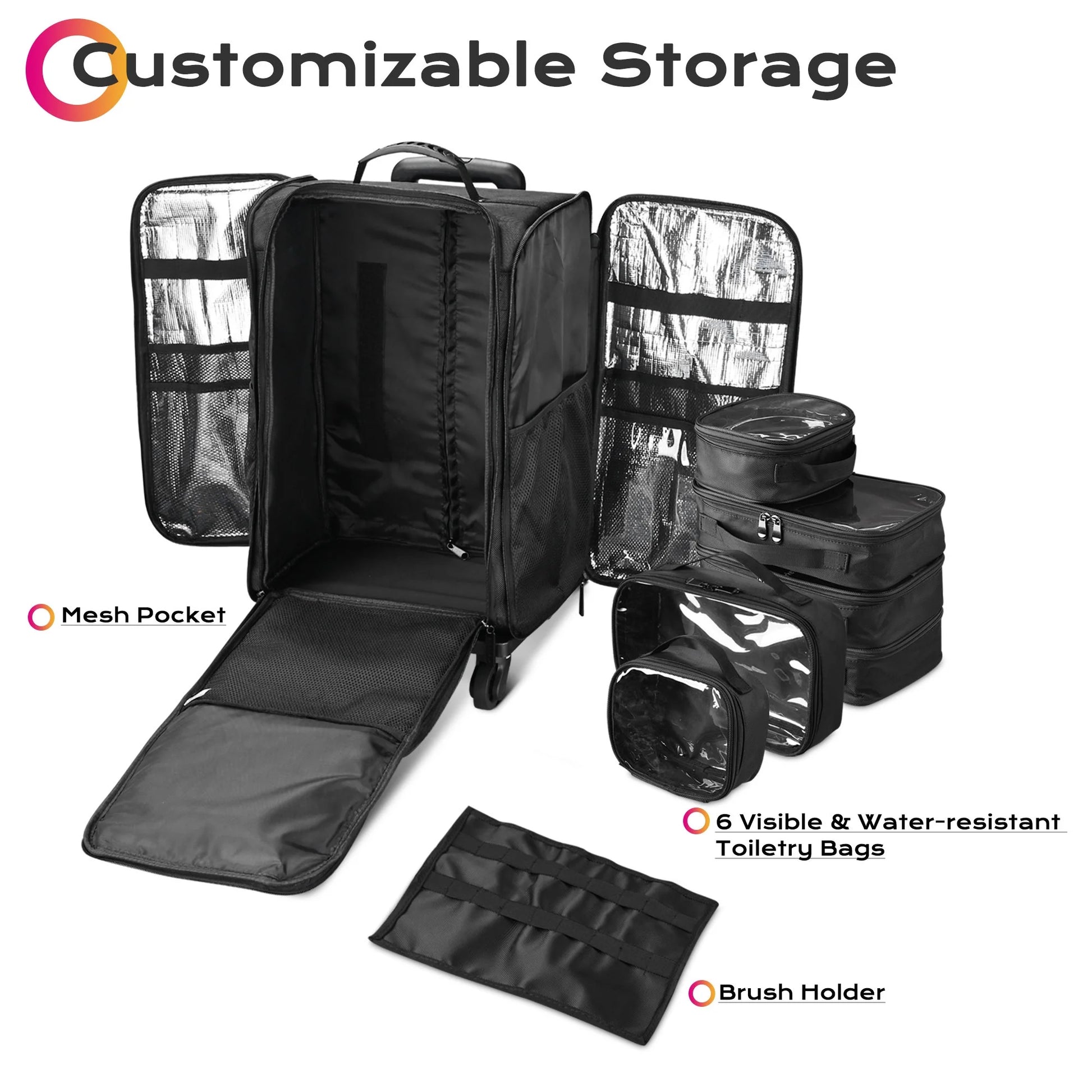 Rolling Makeup Case W/ 6 Removable Toiletry Bags Train Travel Cosmetic Artist Organizer Black