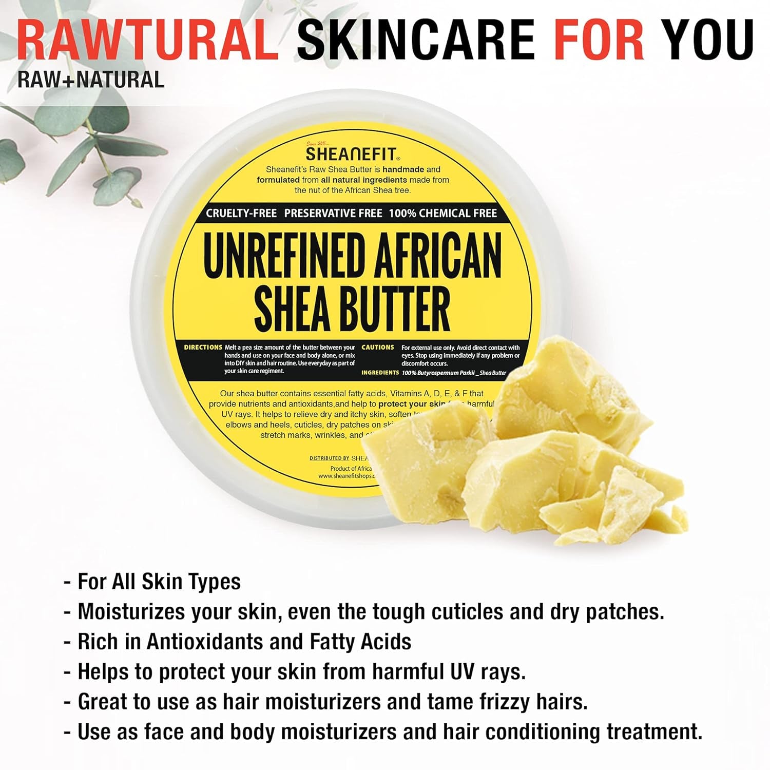 Raw Unrefined African Shea Butter in Containers Great Moisturizer, Hair Mask, Soften Tough Skin (Yellow - 16 Oz)