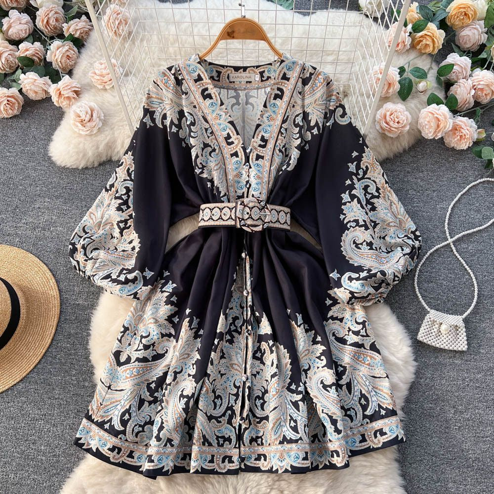 Casual Dresses Women Bohemian Dress 2023 Spring Summer Print Long Lantern Sleeve V Neck Corset Slim Button Pleated Vacation