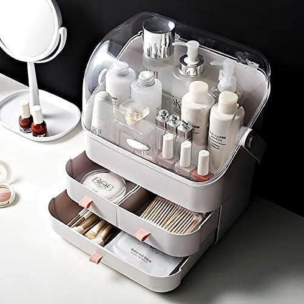 Makeup Organizer, Waterproof&Dustproof Cosmetic Organizer Box with Lid Fully Open Makeup Display Boxes, Great for Bathroom Countertop Bedroom Dresser,White