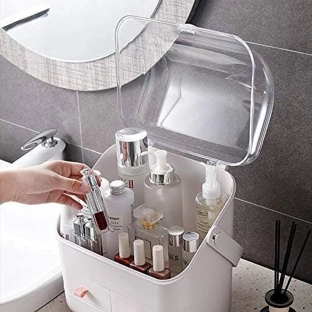 Makeup Organizer, Waterproof&Dustproof Cosmetic Organizer Box with Lid Fully Open Makeup Display Boxes, Great for Bathroom Countertop Bedroom Dresser,White