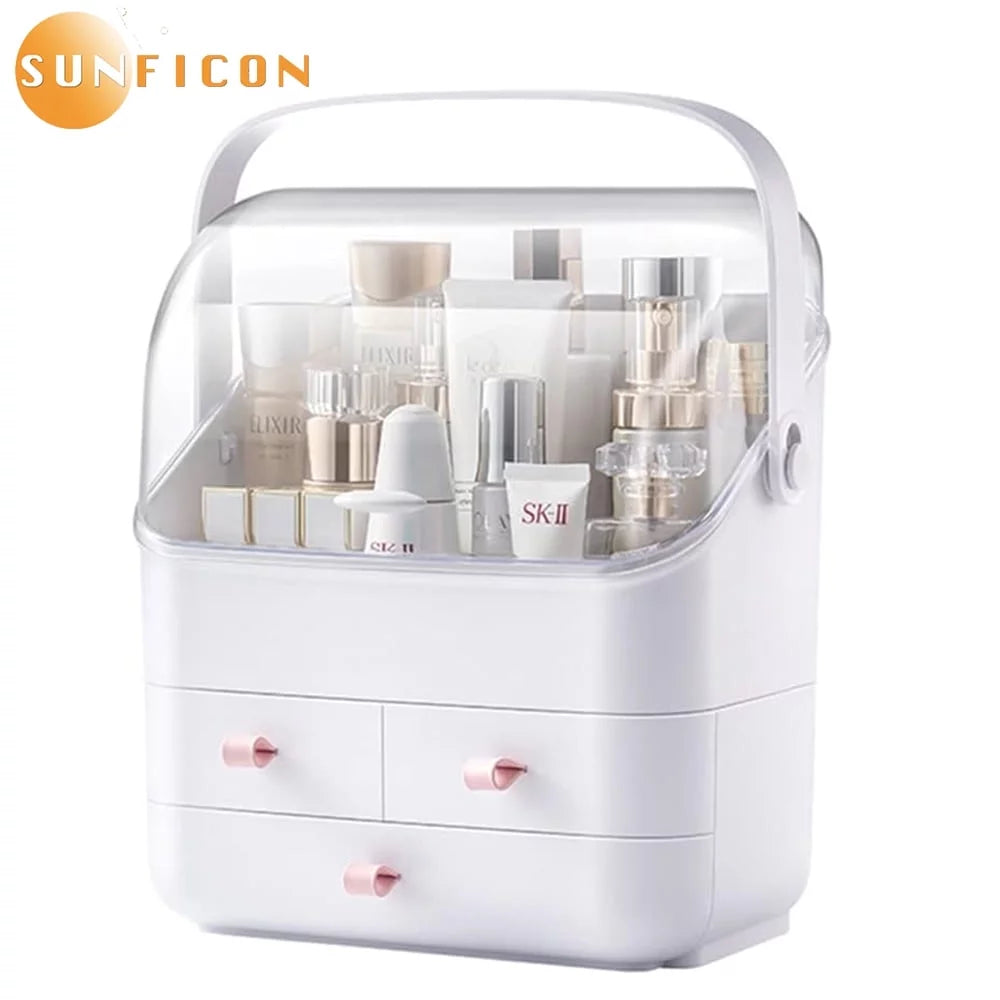 Makeup Organizer, Waterproof&Dustproof Cosmetic Organizer Box with Lid Fully Open Makeup Display Boxes, Great for Bathroom Countertop Bedroom Dresser,White