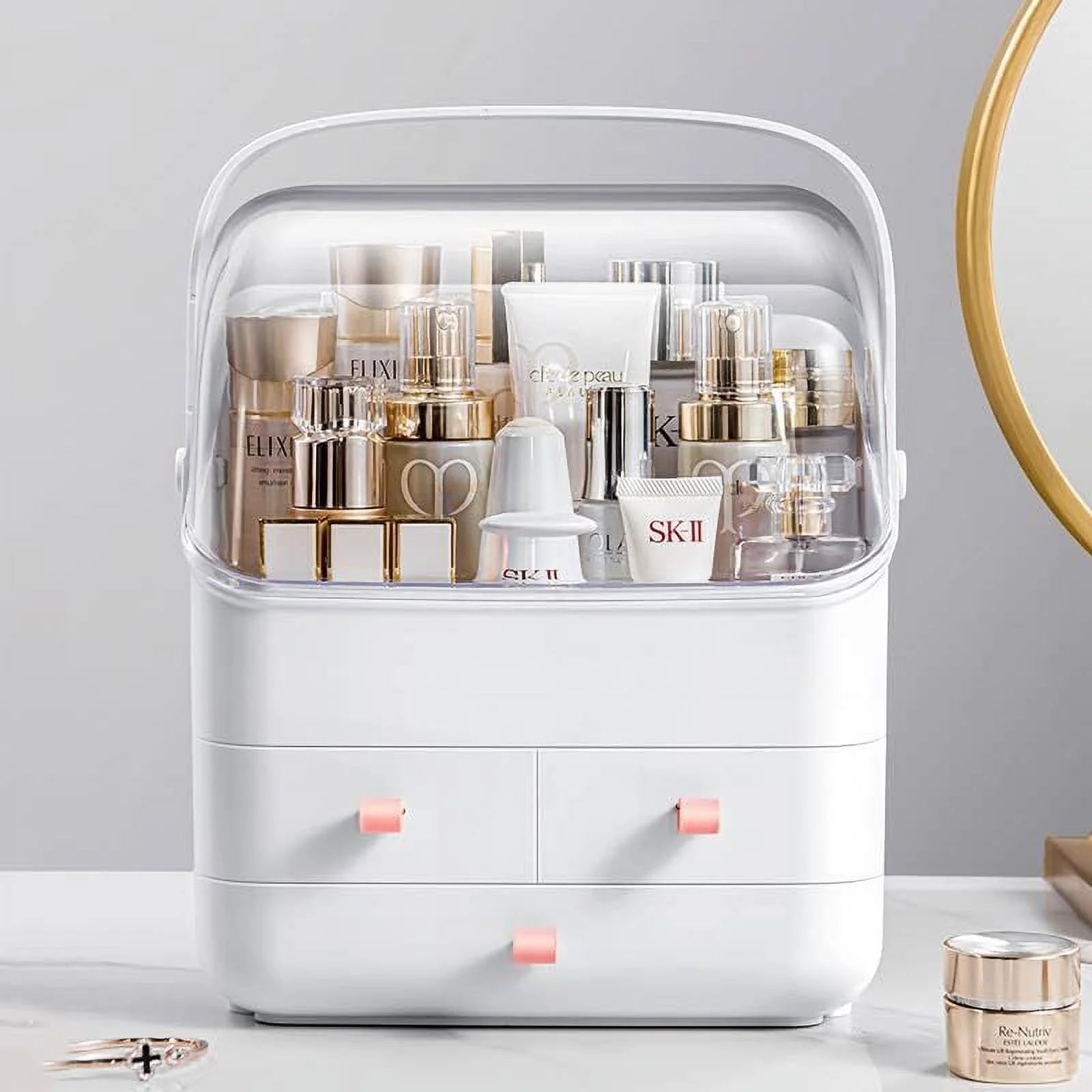 Makeup Organizer, Waterproof&Dustproof Cosmetic Organizer Box with Lid Fully Open Makeup Display Boxes, Great for Bathroom Countertop Bedroom Dresser,White