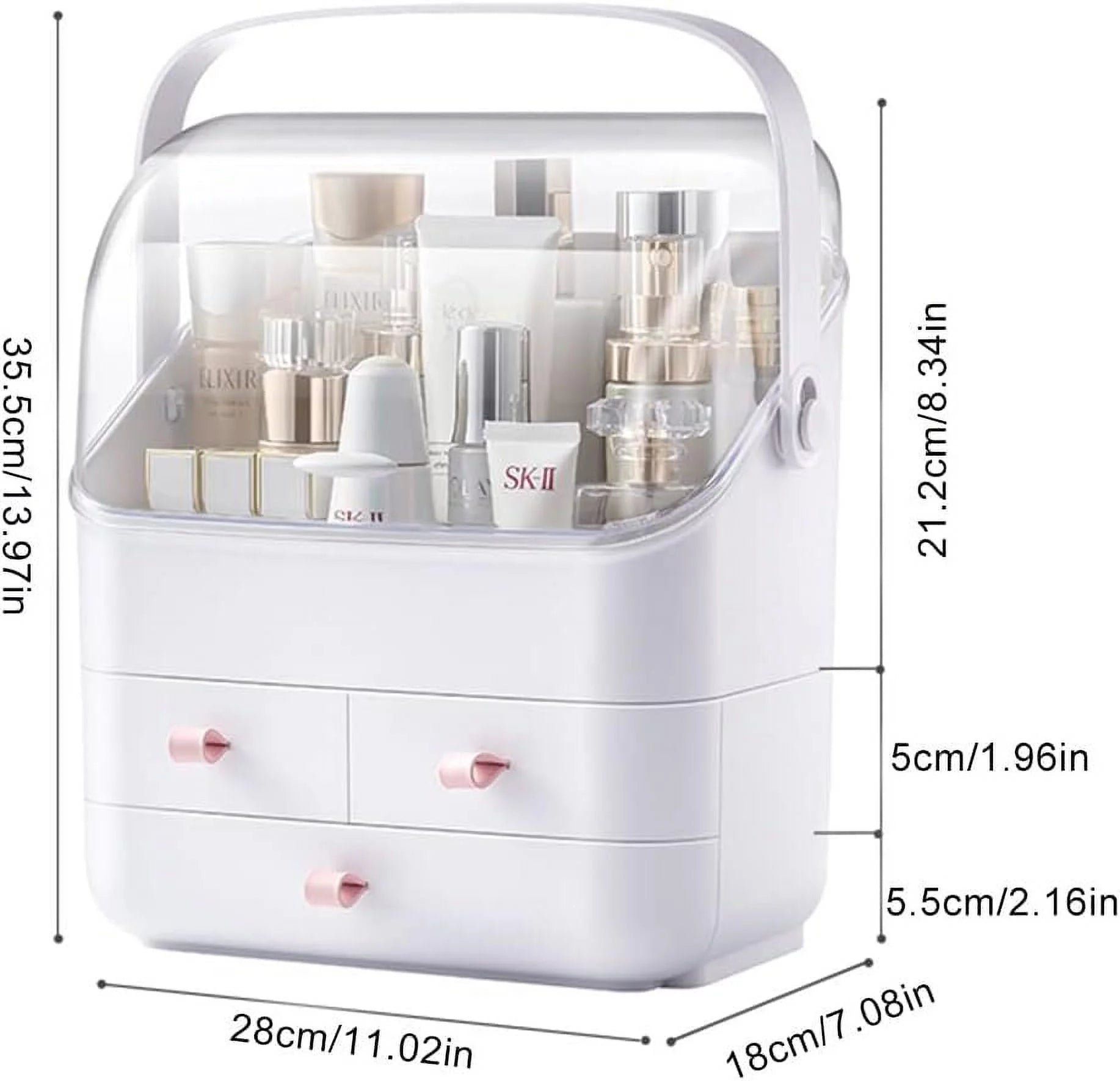 Makeup Organizer, Waterproof&Dustproof Cosmetic Organizer Box with Lid Fully Open Makeup Display Boxes, Great for Bathroom Countertop Bedroom Dresser,White