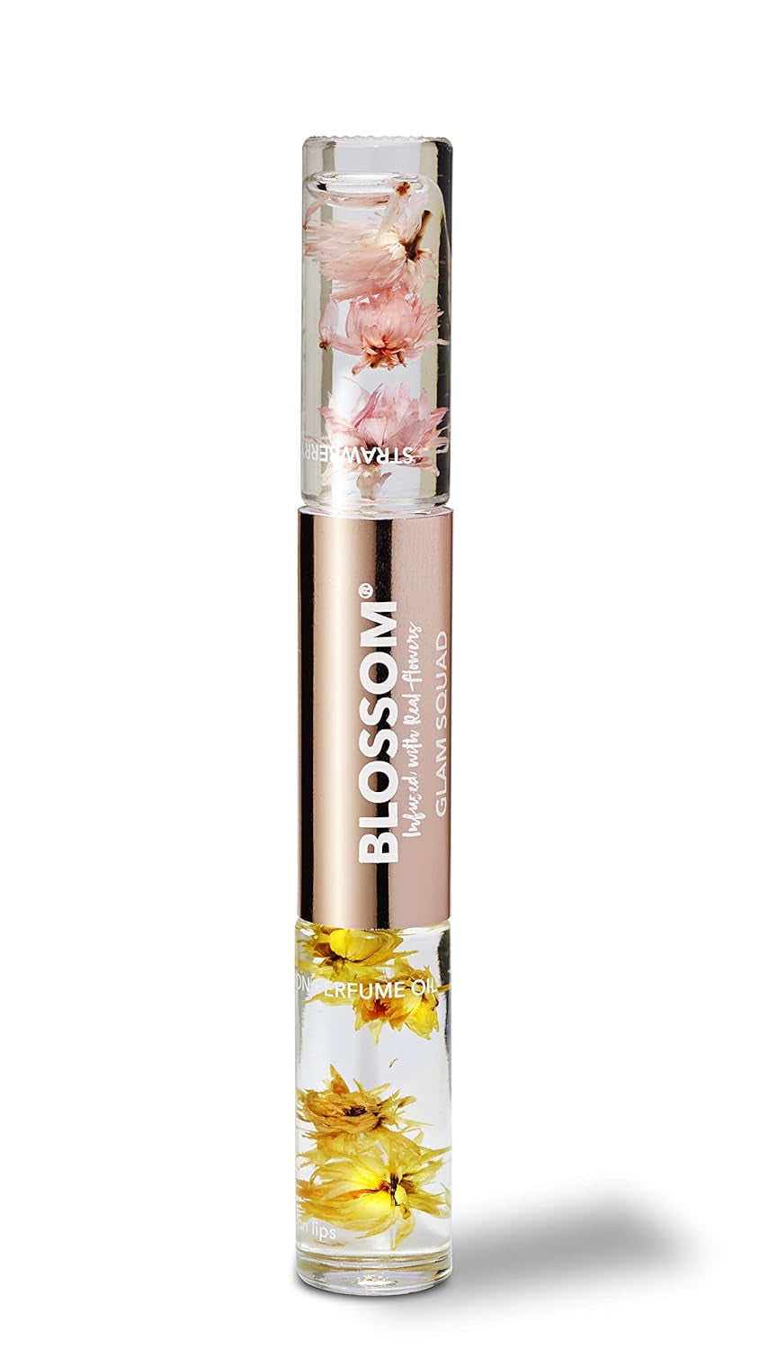 Glam Squad - Moisturizing Roll on Lip Gloss (0.1 Fl. Oz/6G) + Roll on Perfume Oil (0.1 Fl. Oz/6G), Infused with Real Flowers, Made in USA, 0.2 Fl. Oz./12G, Strawberry/Honey Jasmine