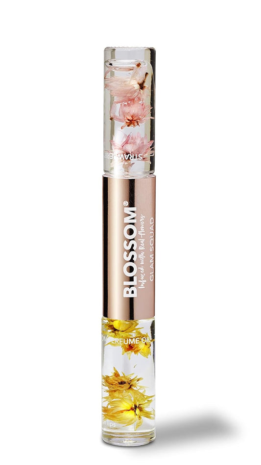 Glam Squad - Moisturizing Roll on Lip Gloss (0.1 Fl. Oz/6G) + Roll on Perfume Oil (0.1 Fl. Oz/6G), Infused with Real Flowers, Made in USA, 0.2 Fl. Oz./12G, Strawberry/Honey Jasmine