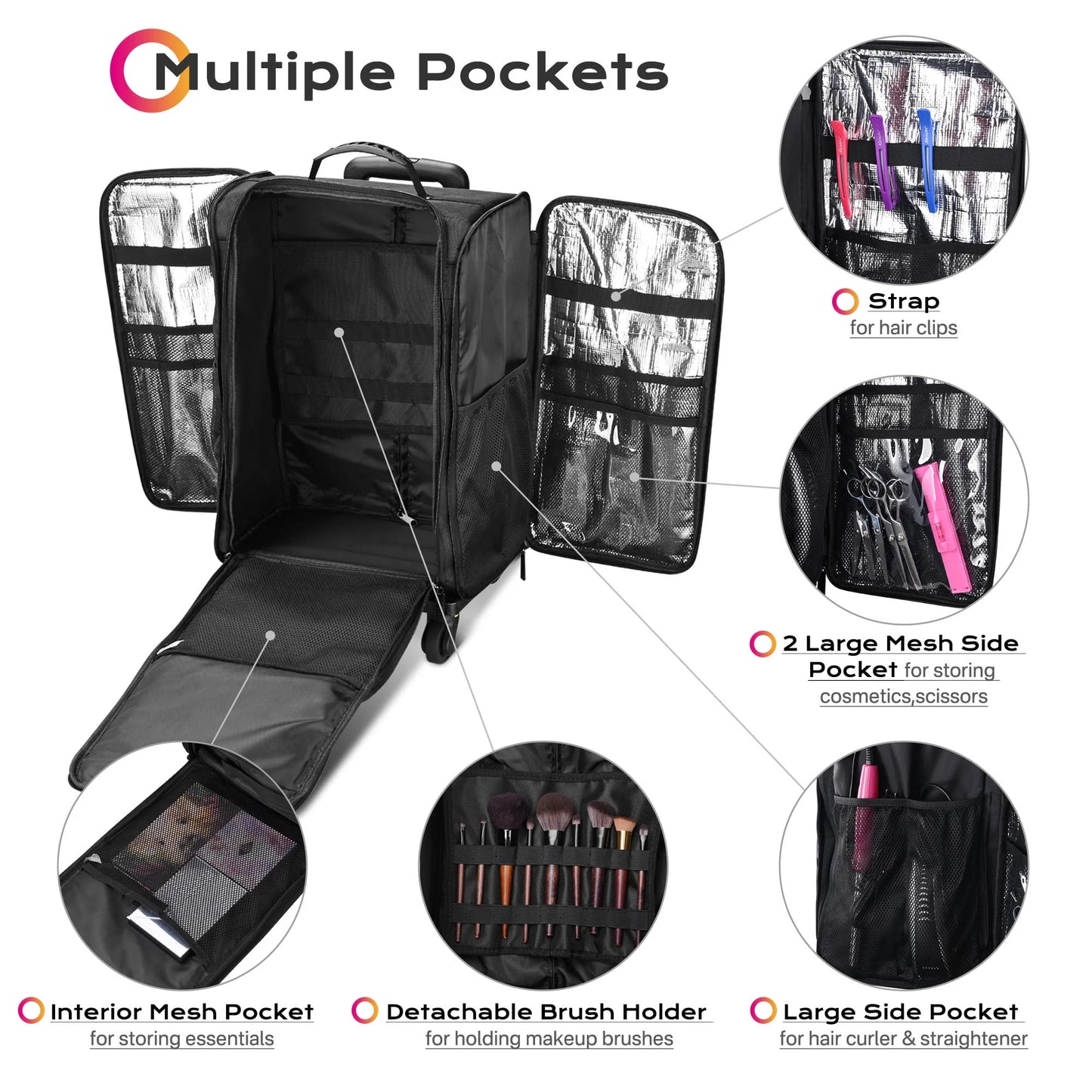 Rolling Makeup Case W/ 6 Removable Toiletry Bags Train Travel Cosmetic Artist Organizer Black